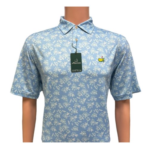 Masters Peter Millar Tech Light Blue with Magnolia Pattern Performance Golf Shirt Polo 