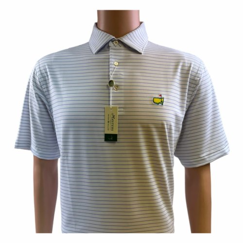 Masters Peter Millar White Polo with Thin Light Blue Stripes 