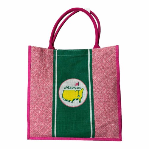 Masters Pink Circle Logo Pattern Jute Shopper Tote Bag with Large Green Stripe 