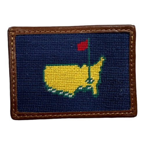 Masters Smathers & Branson Navy Blue Needlepoint and Brown Leather Card Holder 