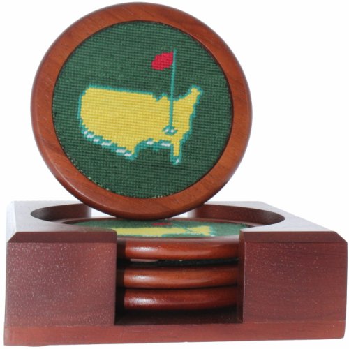 Masters Smathers & Branson Needlepoint Round Wooden Coasters with Holder 