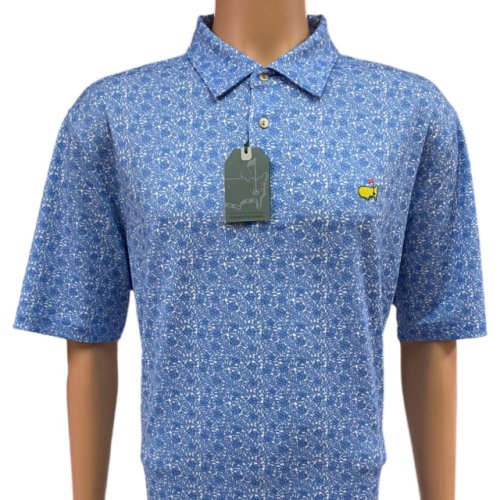 Masters Tech Blue and White Floral and Foliage Pattern Performance Golf Shirt Polo 
