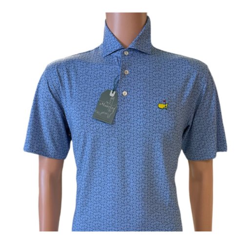 Masters Tech Blue Performance Golf Shirt Polo with Navy Outline Map Logo Pattern