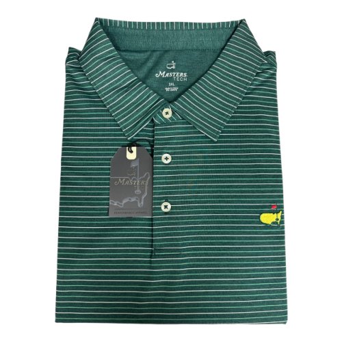 Masters Tech Green Heather Performance Polo with Lime Green and White Stripes 