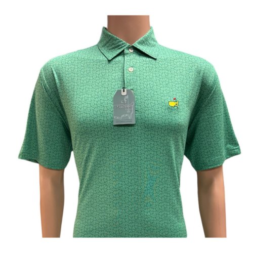 Masters Tech Green Performance Golf Shirt Polo with Dk Green Outline Map Logo Pattern