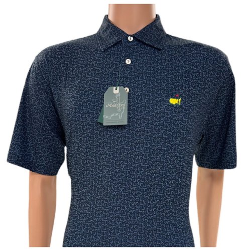 Masters Tech Navy Performance Golf Shirt Polo with Light Blue Outline Map Logo Pattern
