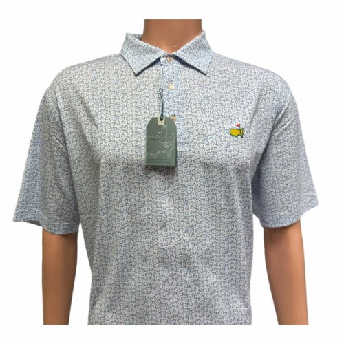 Masters Tech White Performance Golf Shirt Polo with Blue Outline Map Logo Pattern 