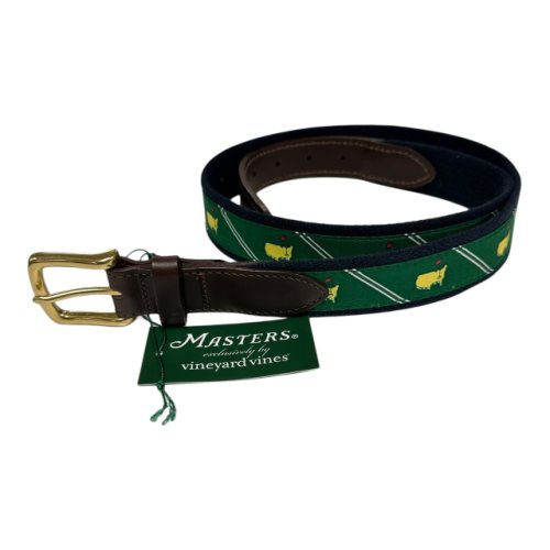 Masters Vineyard Vines Navy and Green Woven Belt with White Stripes and Brown Leather Accents 