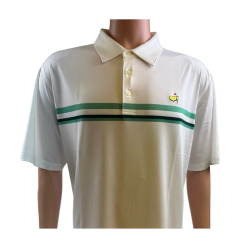 Masters White Performance Tech Polo with Dark and Light Green Wide Stripes 