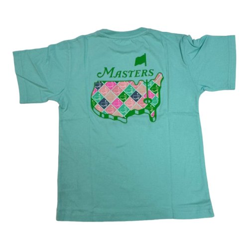 Masters Youth Girls Aqua Blue T-Shirt with Lime Green and Colorful Diamond Pattern Map Logo 