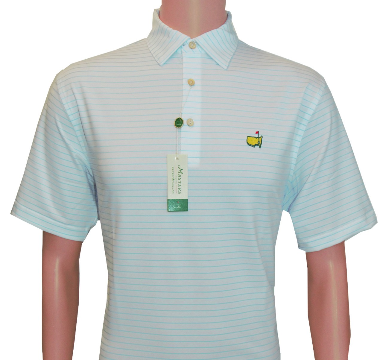 Peter Millar Masters White Performance Tech Shirt with Light Blue Stripes