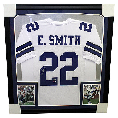 Emmitt Smith Autographed Framed White Dallas Cowboys Custom Jersey - PSA/DNA Certified Authentic 
