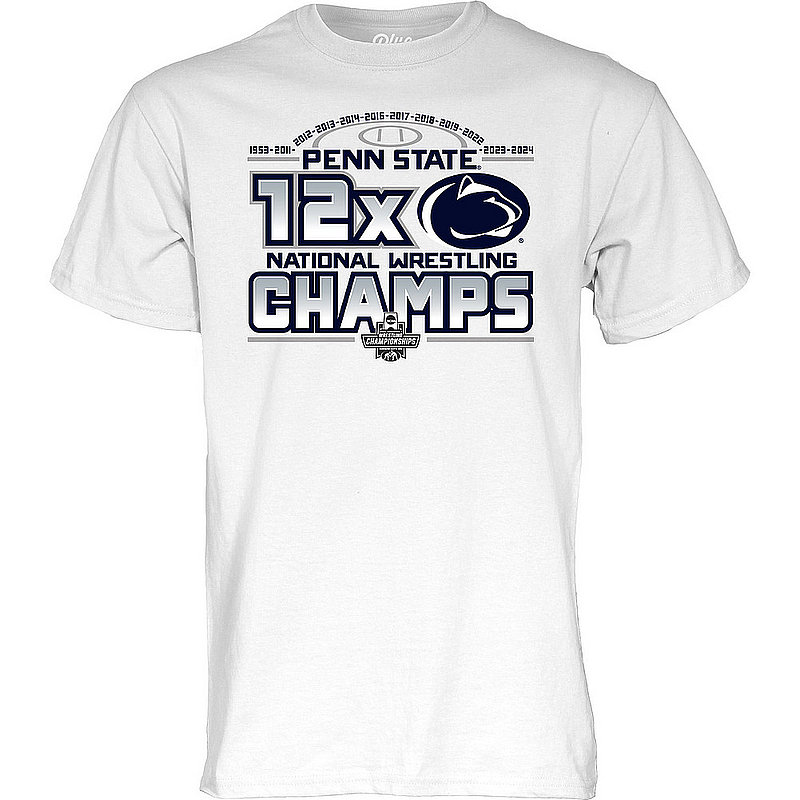 Blue 84 Penn State 2024 12X National Wrestling Champs Steamroll T-Shirt White Nittany Lions (PSU) (Blue 84)