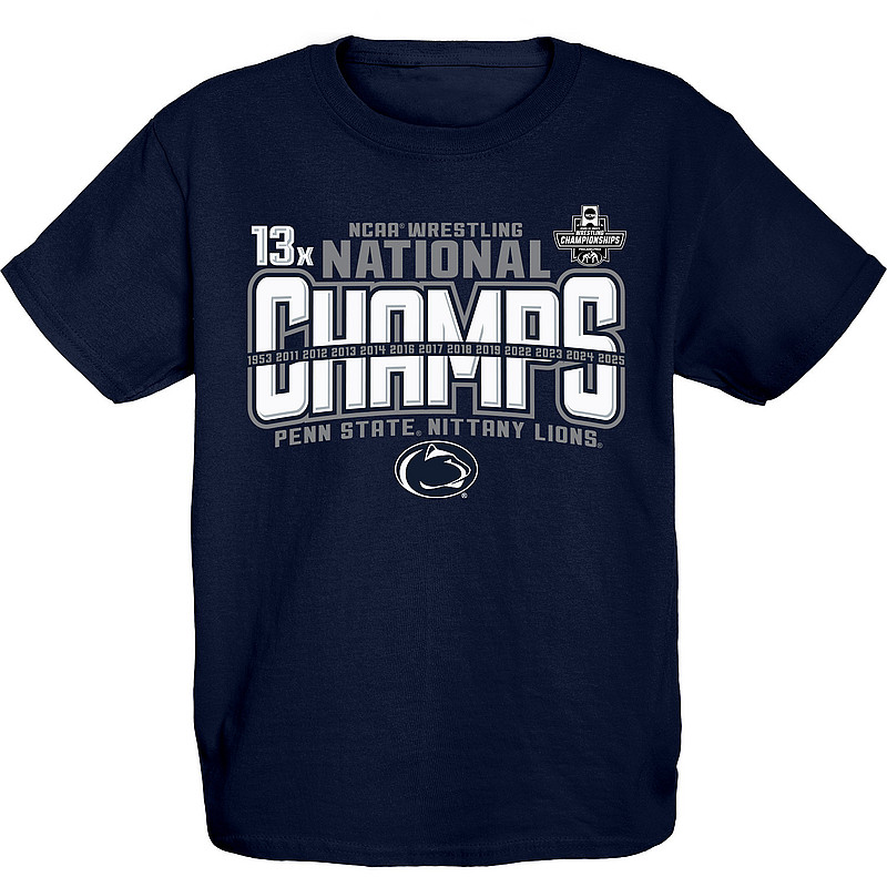 Blue 84 Penn State 2025 13X Wrestling National Champs Youth T-Shirt Navy Nittany Lions (PSU) (Blue 84 )