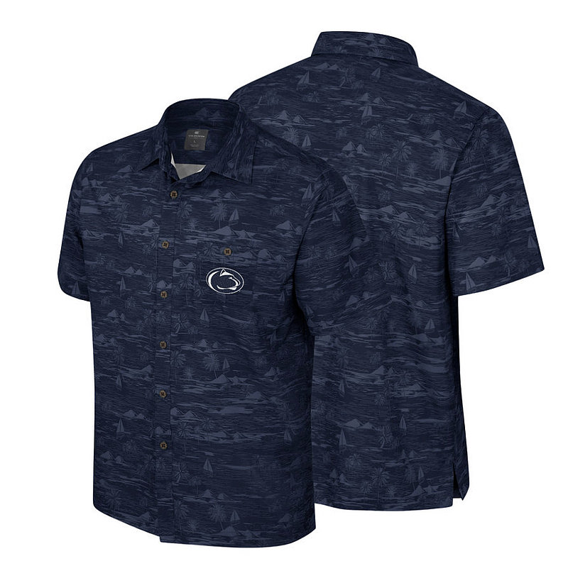 Penn State Mens Navy Hawaiian Ozark Camp Button-Up Shirt