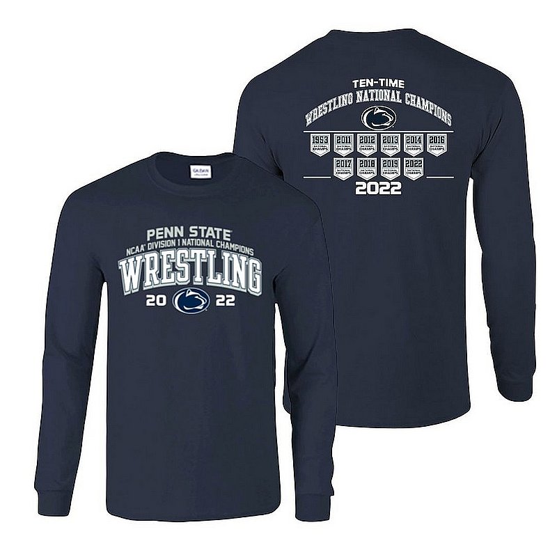 Penn State 2022 10X Wrestling NCAA National Champs Double Sided Long Sleeve Tee Navy Nittany Lions (PSU) 