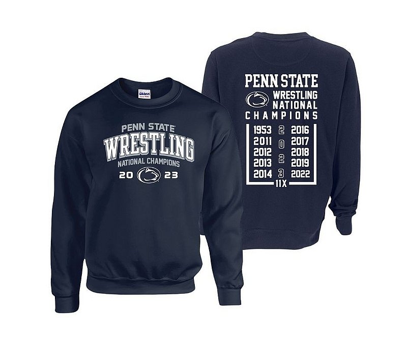 Penn State 2023 11X Wrestling NCAA National Champs Double Sided Crewneck Sweatshirt Navy Nittany Lions (PSU) 