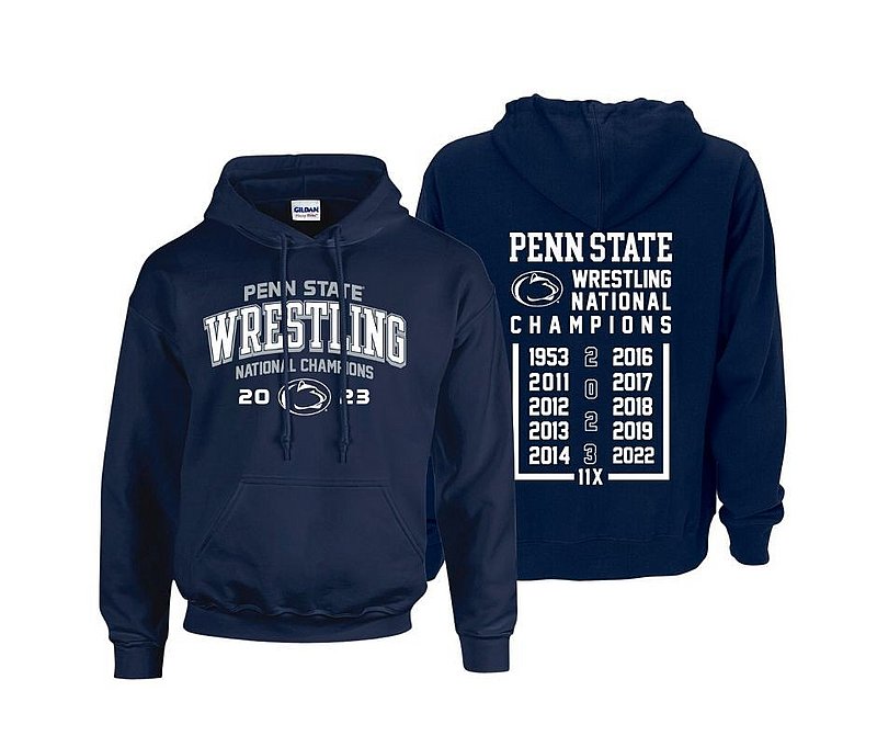 Penn State 2023 11X Wrestling NCAA National Champs Double Sided Hooded Sweatshirt Navy 