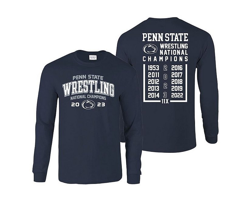 Penn State 2023 11X Wrestling NCAA National Champs Double Sided Long Sleeve Navy Nittany Lions (PSU) 