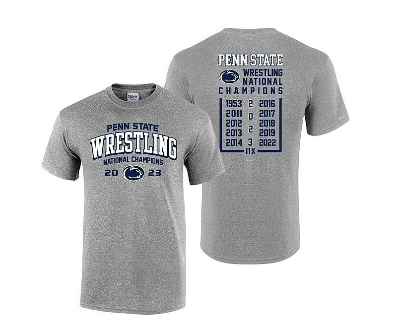 Penn State 2023 11X Wrestling NCAA National Champs Double Sided Tee Grey