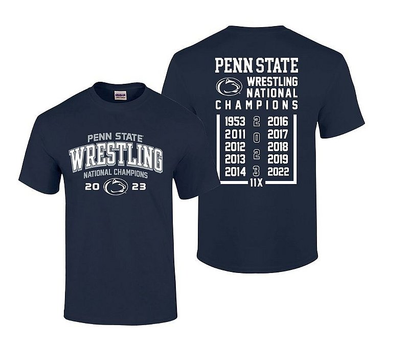 Penn State 2023 11X Wrestling NCAA National Champs Double Sided Tee Navy Nittany Lions (PSU) 