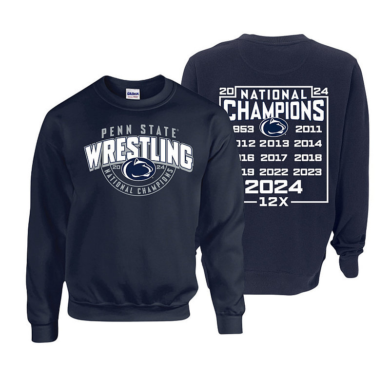 Penn State 2024 12X Wrestling NCAA National Champs Double Sided Crewneck Sweatshirt Navy