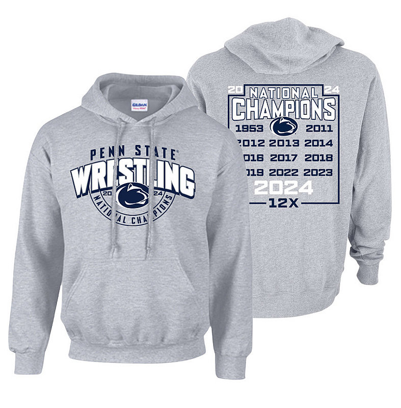 Penn State 2024 12X Wrestling NCAA National Champs Double Sided Hooded Sweatshirt Grey