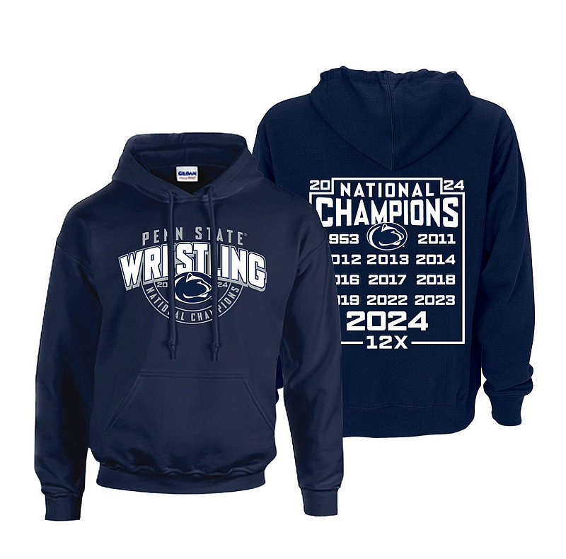 Penn State 2024 12X Wrestling NCAA National Champs Double Sided Hooded Sweatshirt Navy