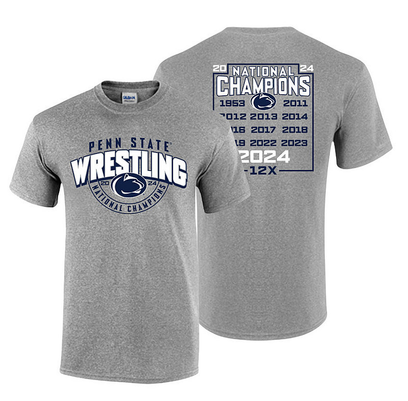 Penn State 2024 12X Wrestling NCAA National Champs Double Sided Tee Grey