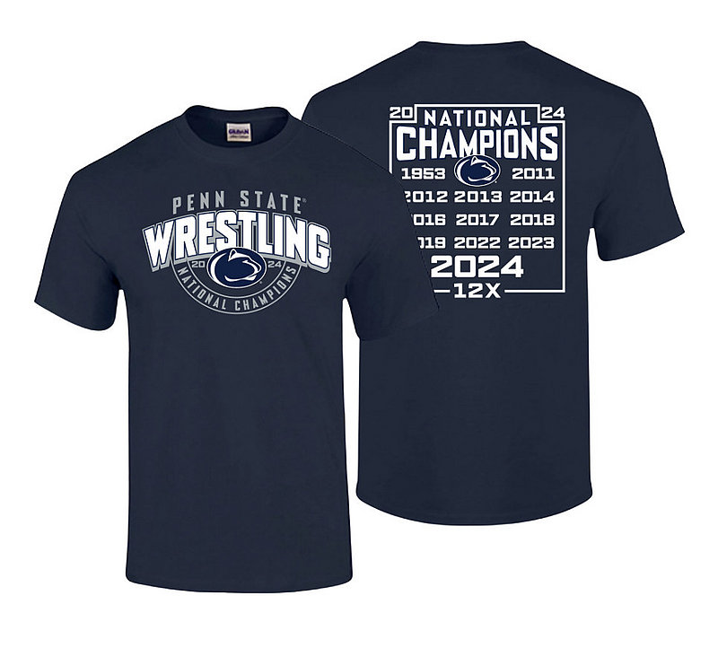 Penn State 2024 12X Wrestling NCAA National Champs Double Sided Tee Navy Nittany Lions (PSU) 