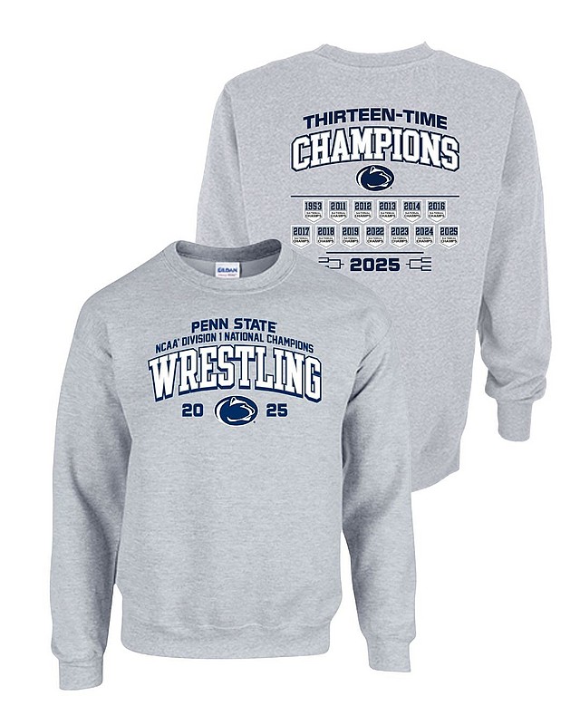 Penn State 2025 13X Wrestling National Champs Double Sided Crewneck Sweatshirt Grey Nittany Lions (PSU) 