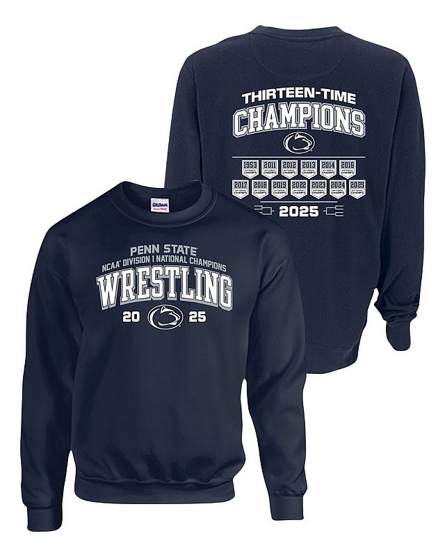 Penn State 2025 13X Wrestling National Champs Double Sided Crewneck Sweatshirt Navy Nittany Lions (PSU) 
