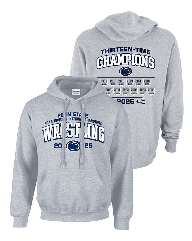 Penn State 2025 13X Wrestling National Champs Double Sided Hooded Sweatshirt Grey Nittany Lions (PSU) 