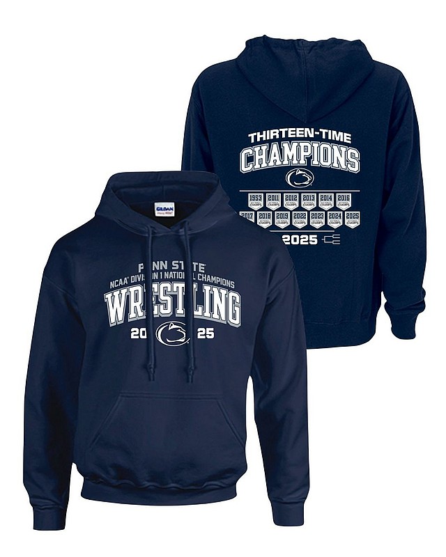 Penn State 2025 13X Wrestling National Champs Double Sided Hooded Sweatshirt Navy Nittany Lions (PSU) 