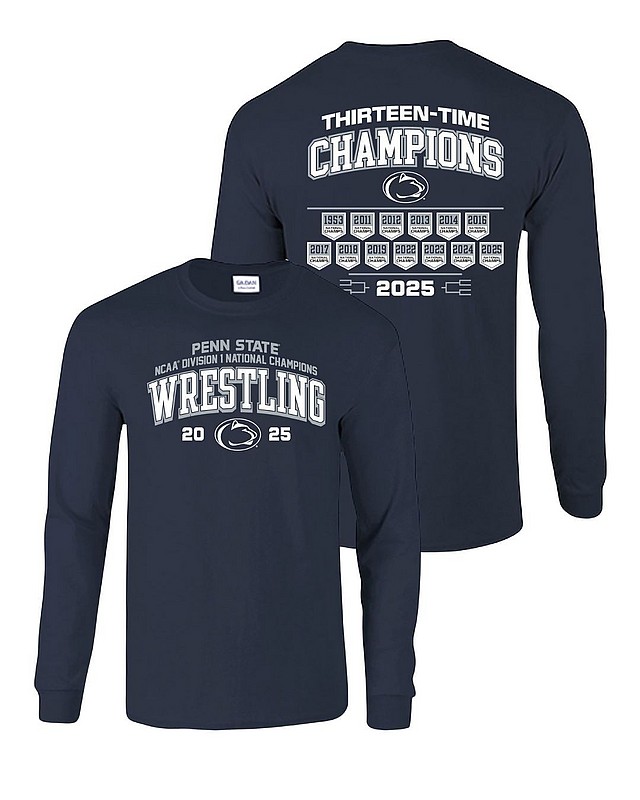 Penn State 2025 13X Wrestling National Champs Double Sided Long Sleeve Tee Navy Nittany Lions (PSU) 