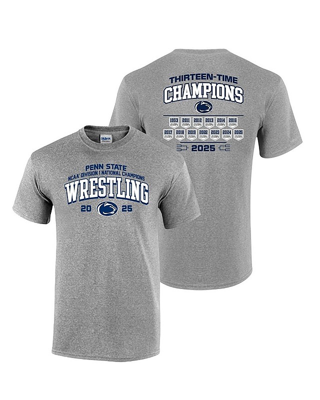 Penn State 2025 13X Wrestling National Champs Double Sided Tee Grey Nittany Lions (PSU) 