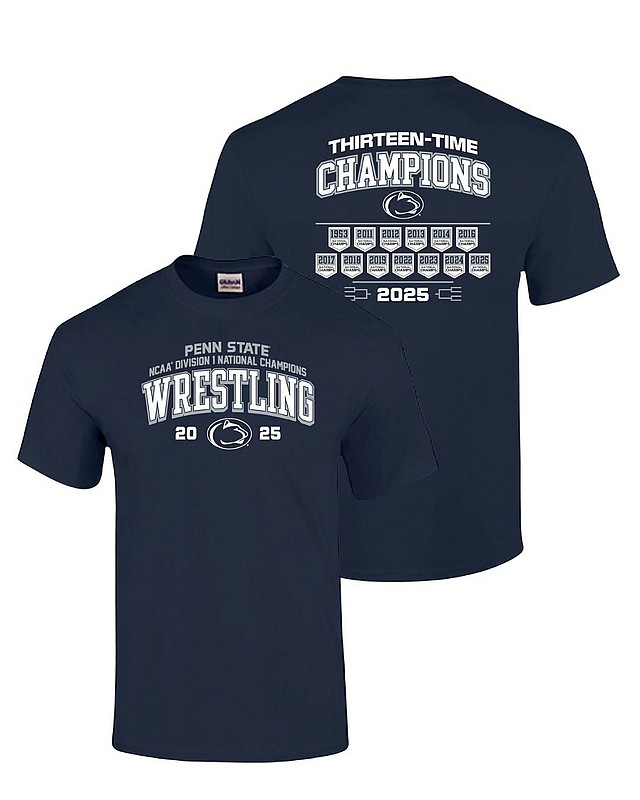 Penn State 2025 13X Wrestling National Champs Double Sided Tee Navy Nittany Lions (PSU) 