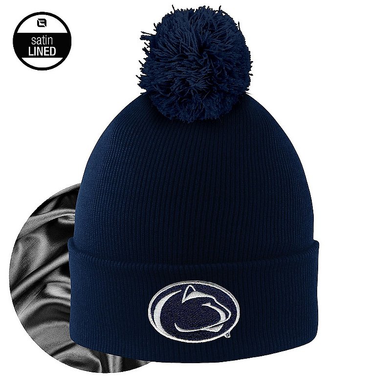 Penn State Navy Lion Head Satin Lined Winter Knit Pom Beanie