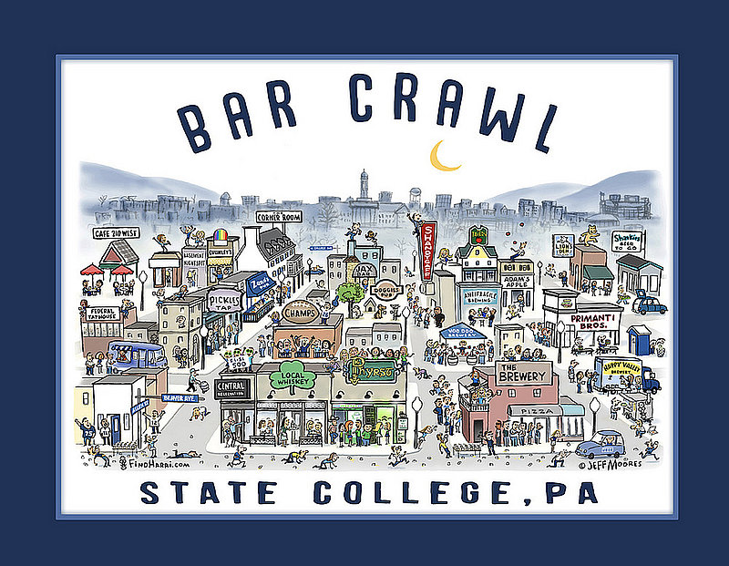 Penn State State College Bar Crawl Print 11"X14" Nittany Lions (PSU) 