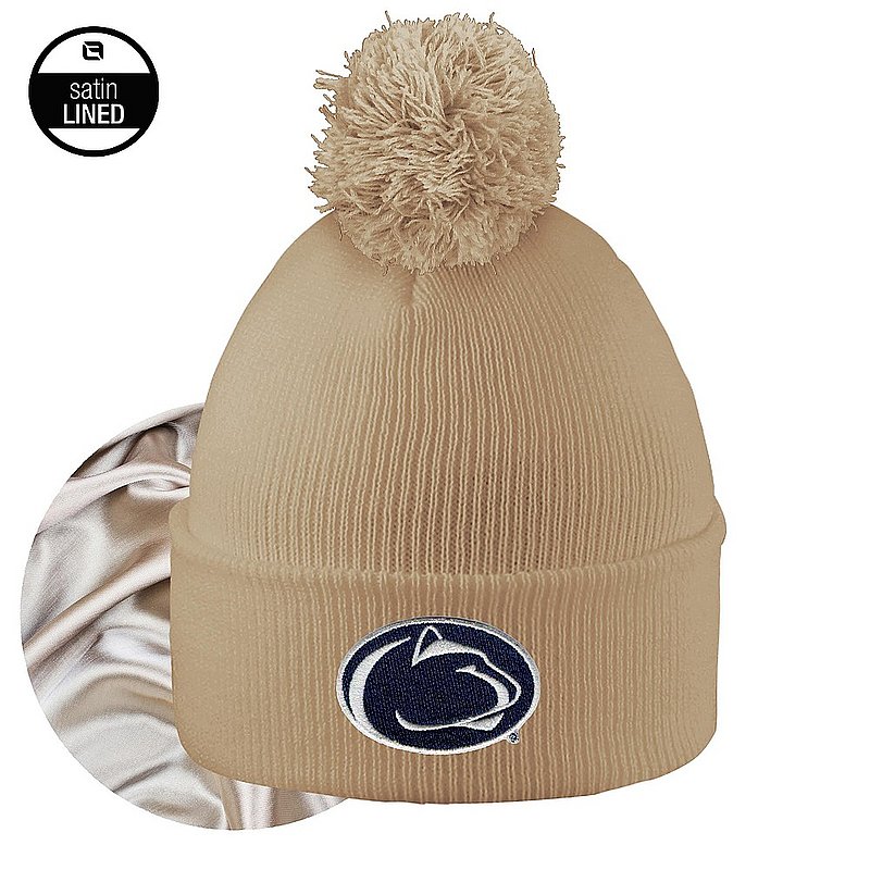 Penn State Tan Lion Head Satin Lined Winter Knit Pom Beanie