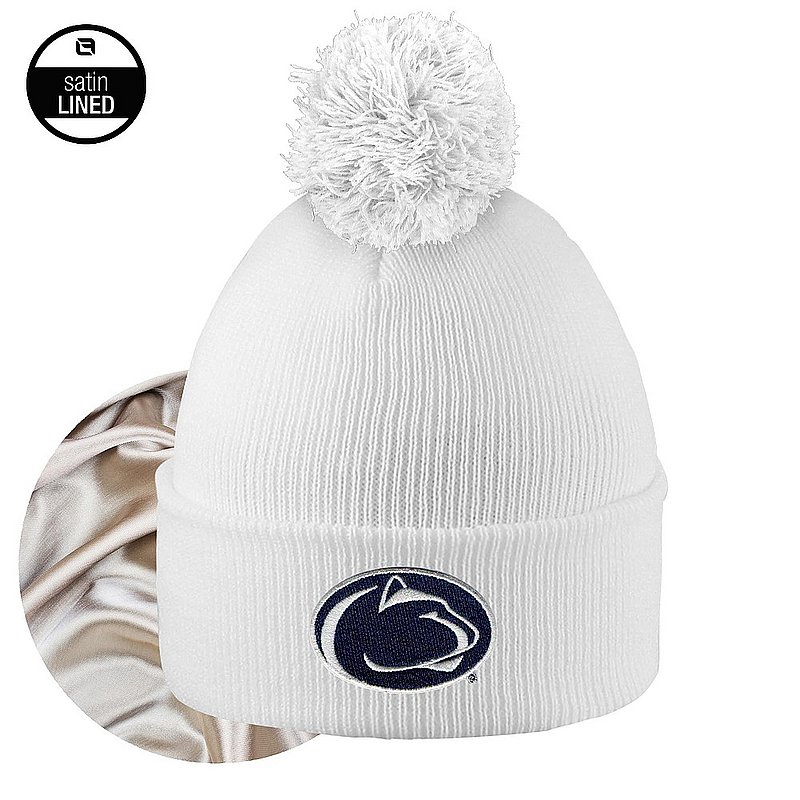 Penn State White Lion Head Satin Lined Winter Knit Pom Beanie