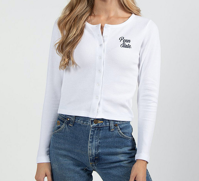 Penn State Women's White Waffle Crop Button Front Cardigan