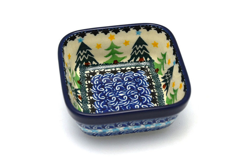 1 1/2"H x 3 3/4"W x 3 3/4"L
 Polish Pottery Ramekin - Square - Christmas Trees 428-1284a (1 1/2"H x 3 3/4"W x 3 3/4"L
)
