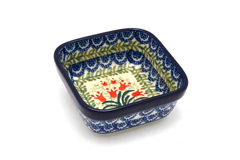 1 1/2"H x 3 3/4"W x 3 3/4"L
 Polish Pottery Ramekin - Square - Crimson Bells 428-1437a (1 1/2"H x 3 3/4"W x 3 3/4"L
)