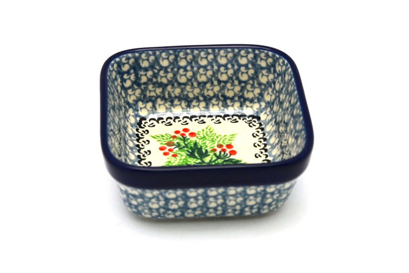 1 1/2"H x 3 3/4"W x 3 3/4"L
 Polish Pottery Ramekin - Square - Holly Berry 428-1734a (1 1/2"H x 3 3/4"W x 3 3/4"L
)
