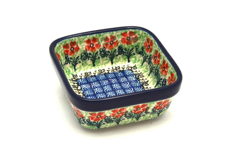 1 1/2"H x 3 3/4"W x 3 3/4"L
 Polish Pottery Ramekin - Square - Maraschino 428-1916a (1 1/2"H x 3 3/4"W x 3 3/4"L
)