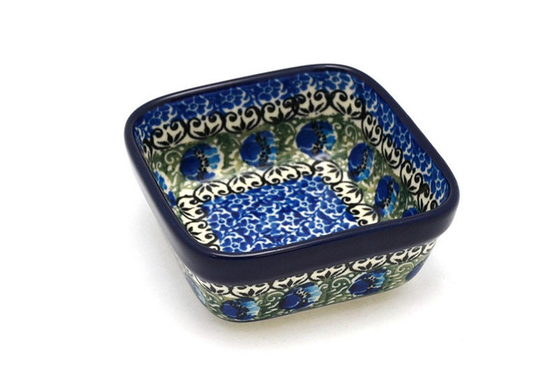 1 1/2"H x 3 3/4"W x 3 3/4"L
 Polish Pottery Ramekin - Square - Peacock Feather 428-1513a (1 1/2"H x 3 3/4"W x 3 3/4"L
)