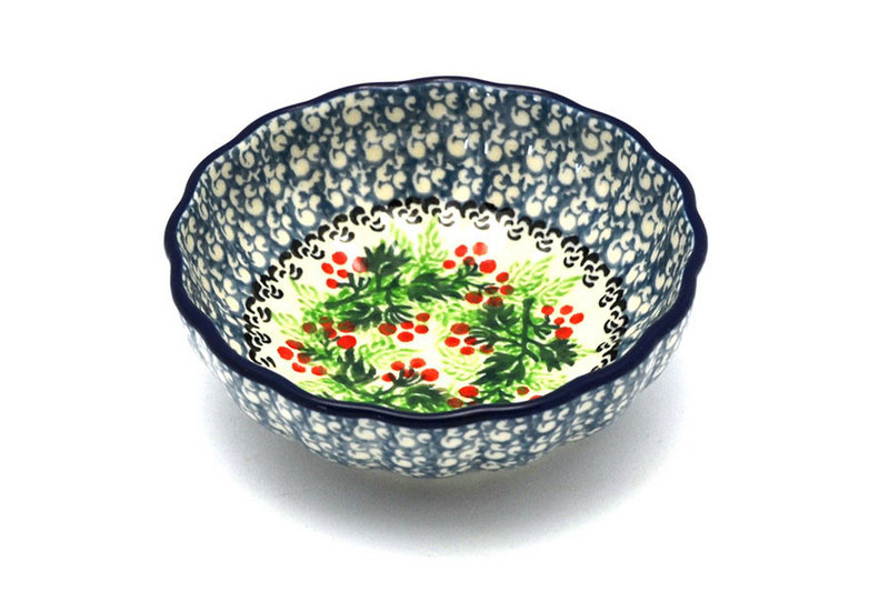 1 1/2"H x 4 1/2"W
 Polish Pottery Bowl - Shallow Scalloped - Small - Holly Berry 023-1734a (1 1/2"H x 4 1/2"W
)