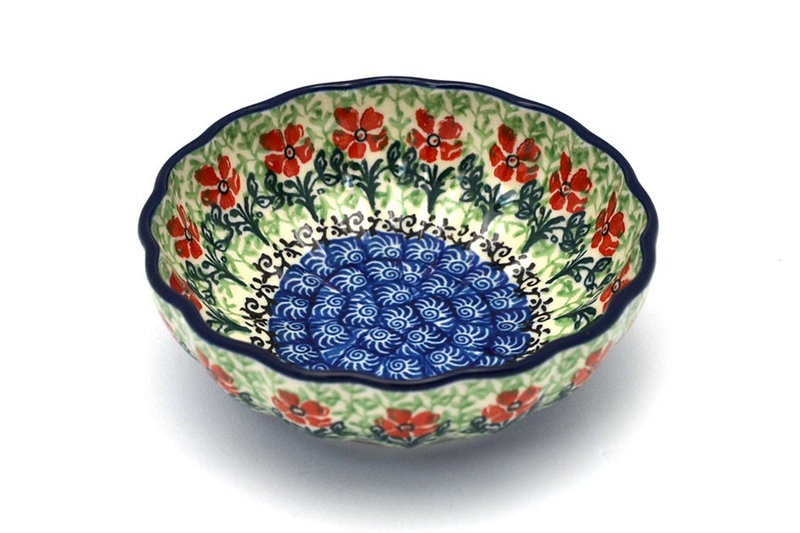 1 1/2"H x 4 1/2"W
 Polish Pottery Bowl - Shallow Scalloped - Small - Maraschino 023-1916a (1 1/2"H x 4 1/2"W
)