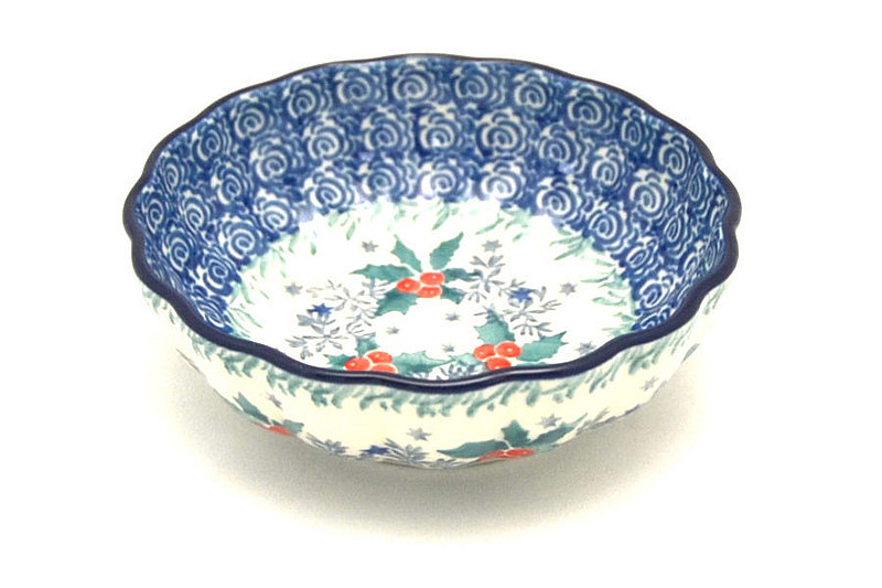 1 1/2"H x 4 1/2"W
 Polish Pottery Bowl - Shallow Scalloped - Small - Winter Holly 023-2973a (1 1/2"H x 4 1/2"W
)